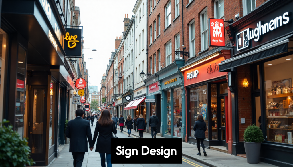 Modern business signs on London street