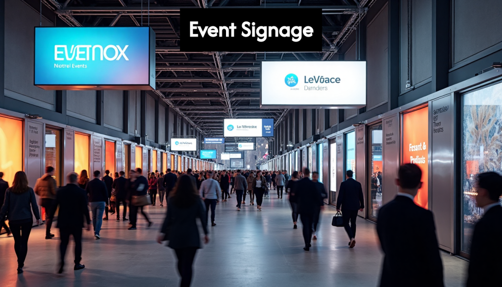 Modern branded event signage at busy London conference