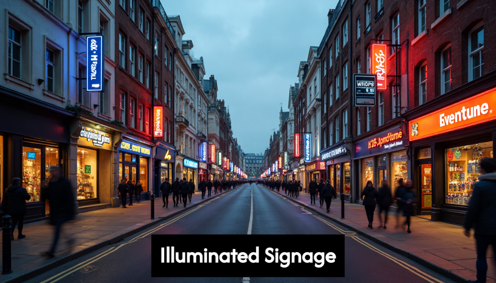 London shopfronts with illuminated signs at dusk