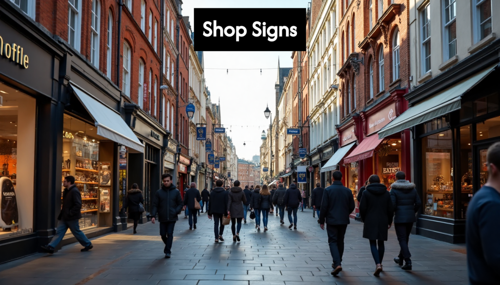 Busy London street with various shop signs