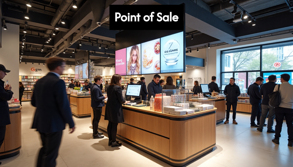 Modern shop counter with digital and printed signage