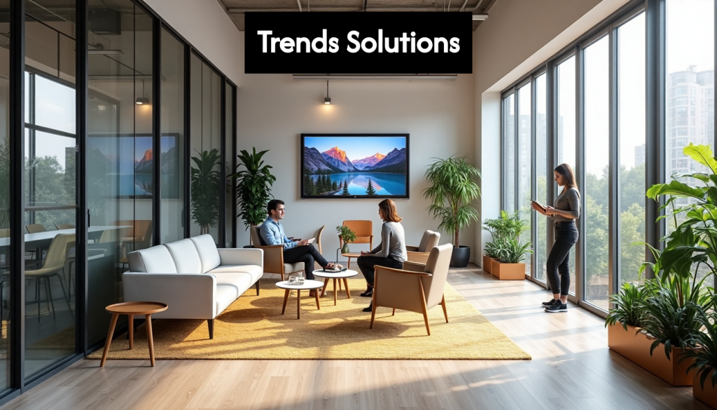Contemporary office interior with digital branding signage