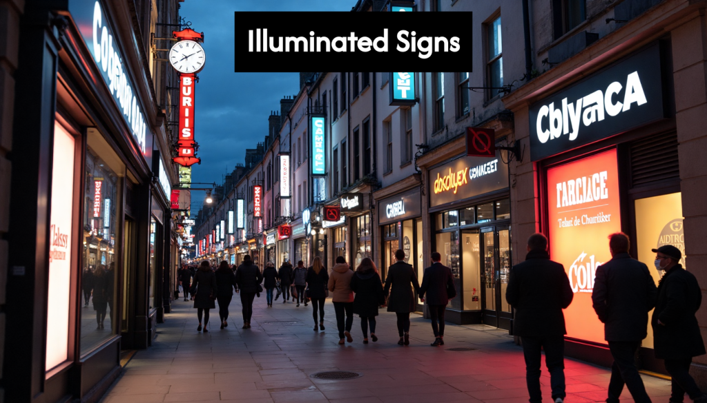 London street with glowing shop signs at dusk