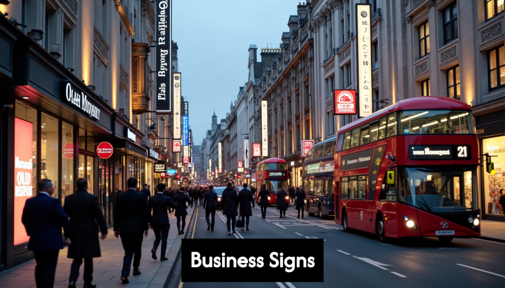 Modern and classic business signs on London street