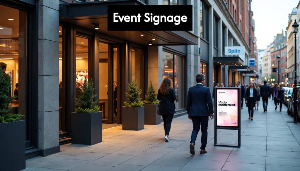 Modern event signage outside London venue entrance