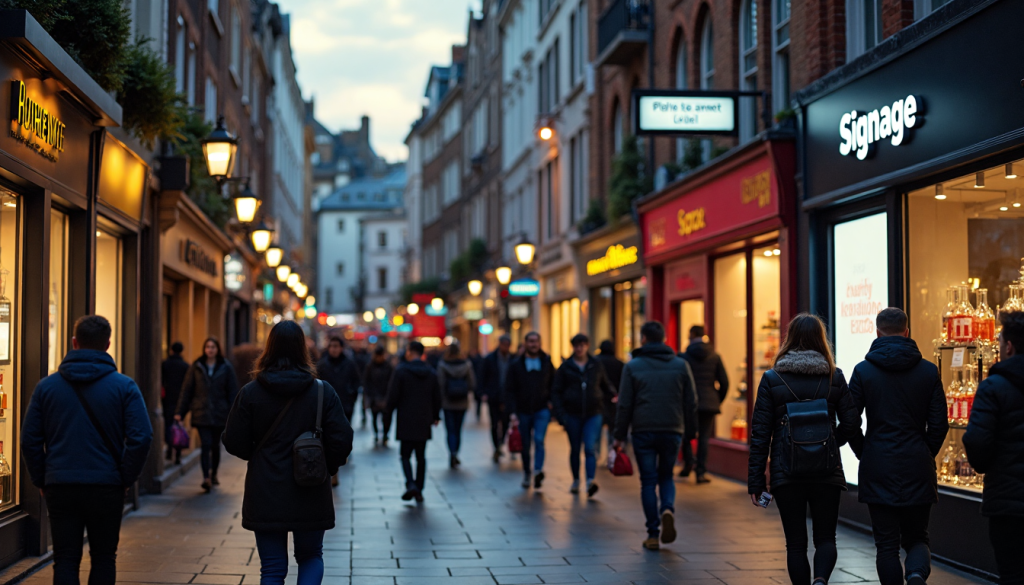 Busy London street with illuminated business signage at dusk