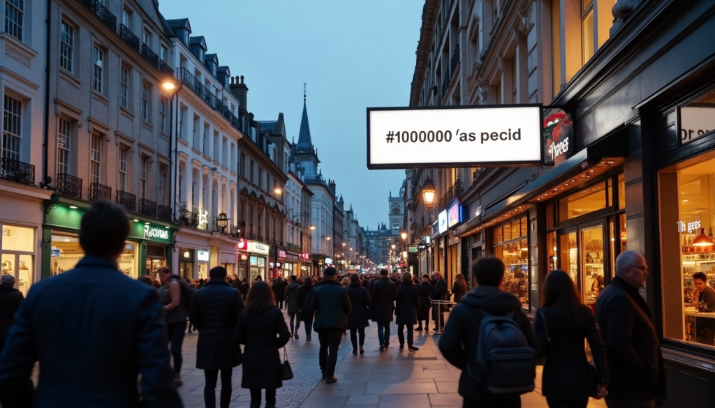 London street with projecting signs and 'Sign Benefits' café sign