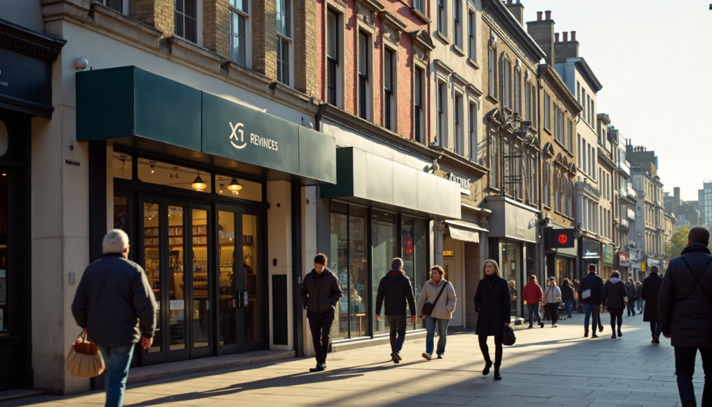 London high street with diverse shopfront signage and compliance text on glass