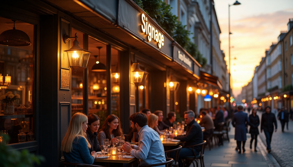 London restaurant exterior with illuminated signage and diners outdoors