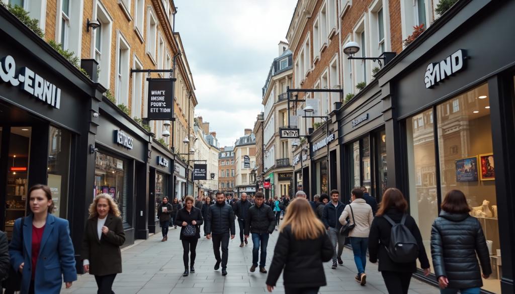 London high street with shopfront signage and pedestrians