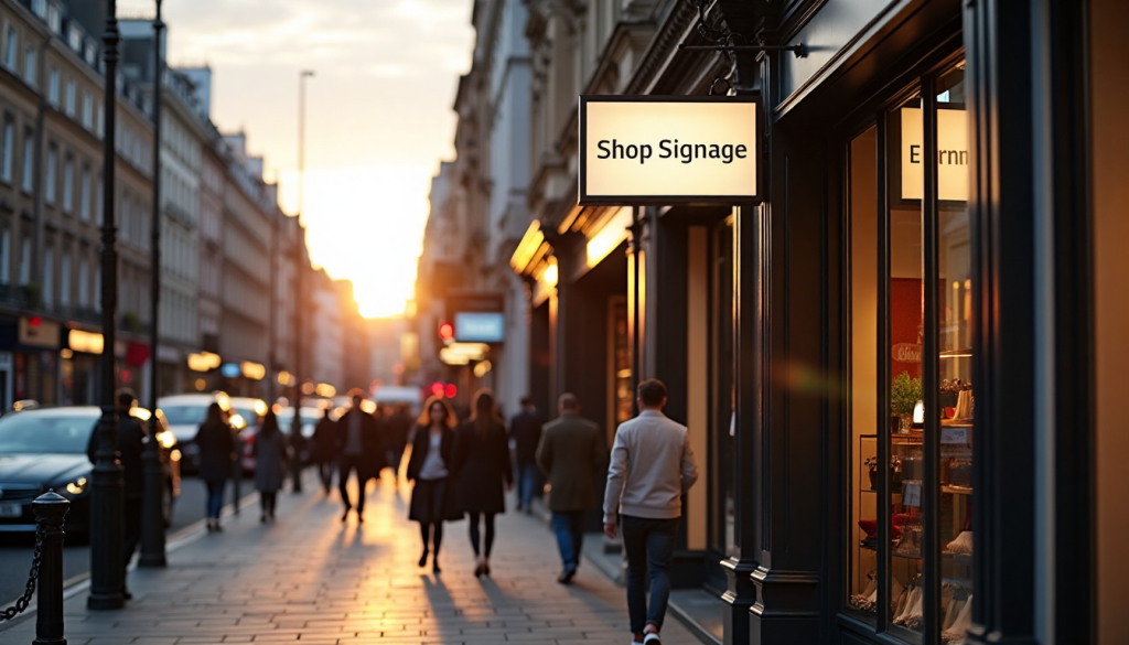 Modern shop signage on London street with pedestrians