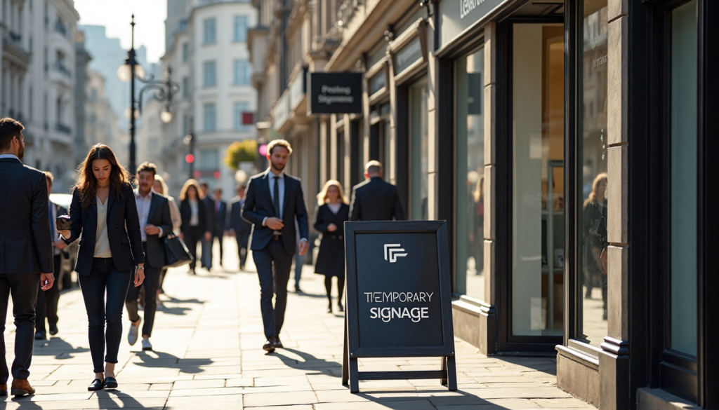 London shops with temporary window signage and busy street scene