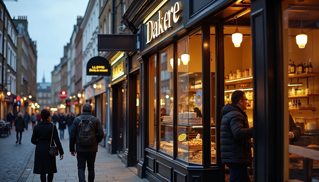 Realistic London street scene with illuminated bakery sign