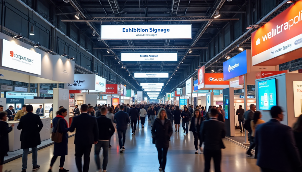 Business exhibition hall with advanced signage and engaged visitors