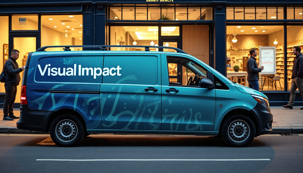 London shopfronts with vinyl graphics and vehicle branding at sunrise