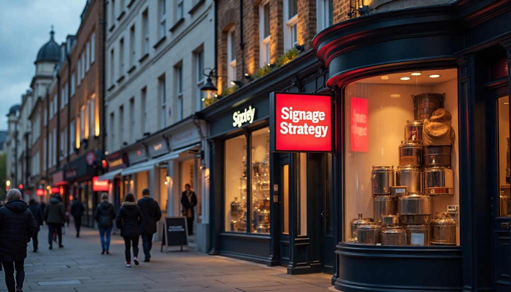London street with diverse shopfronts and signage at dusk