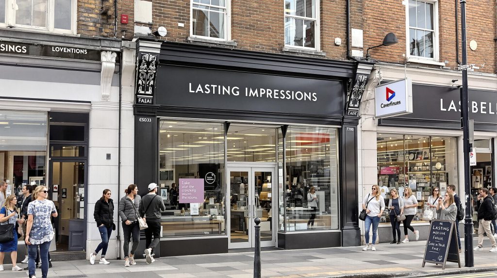 Modern aluminium shop fascia on busy London street with foot traffic