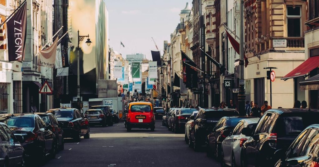 London high street with vibrant shop signs and morning pedestrians