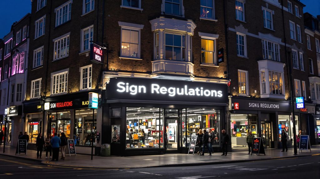 London street scene with businesses and illuminated signs at dusk