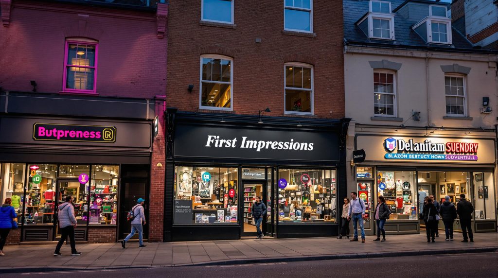 Shop owners with inviting signage and 'First Impressions' on sign