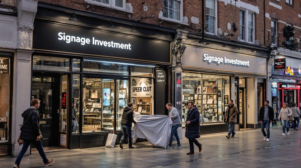 London shop owners installing new signage at busy dusk street