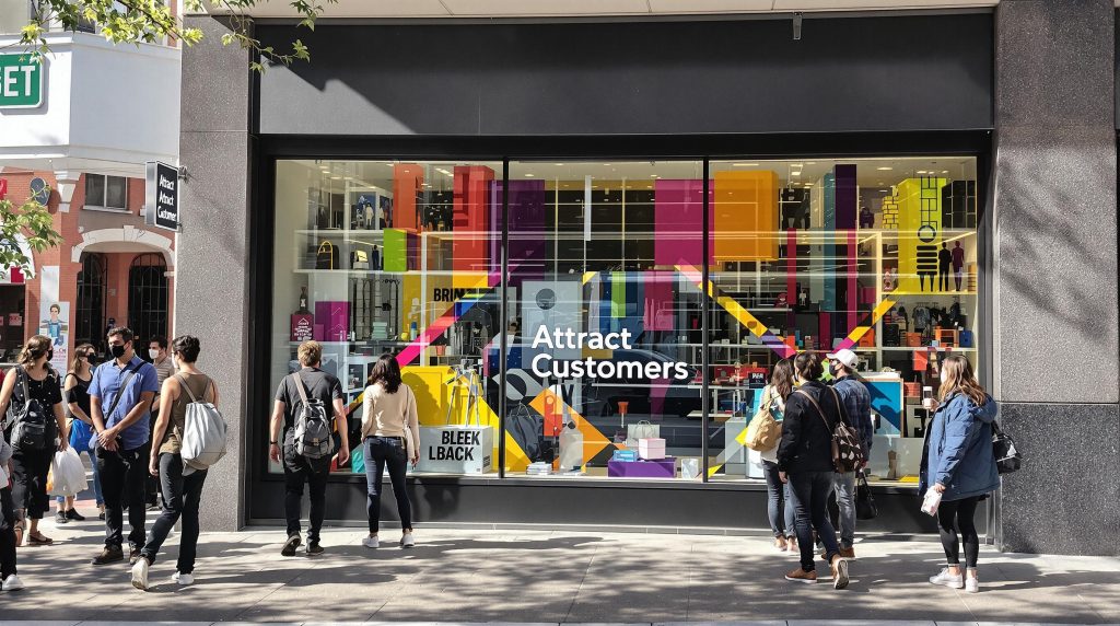 People engaging with vibrant window graphics on a retail storefront