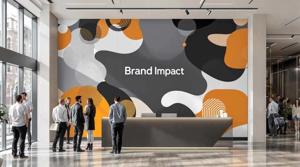 London office lobby with vibrant branded wall graphics and business professionals