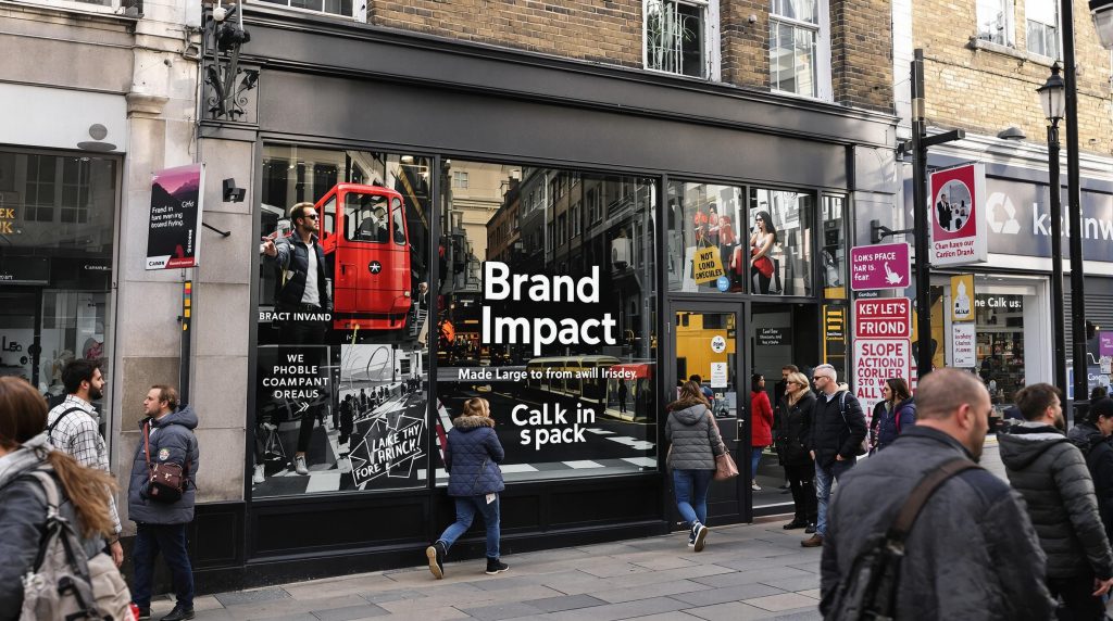 London storefront with large format print graphics and pedestrians watching