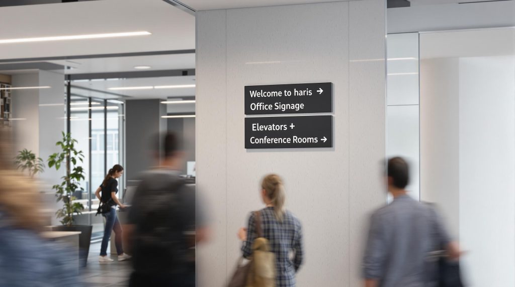 Modern London office reception with visible wayfinding and branded signage