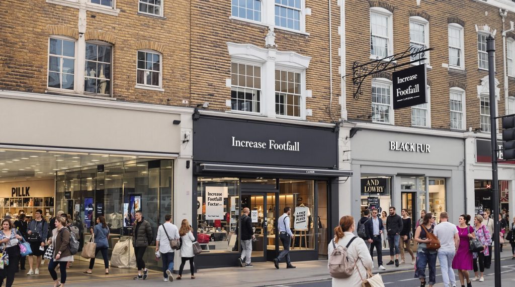 London street with diverse business shop signs and foot traffic