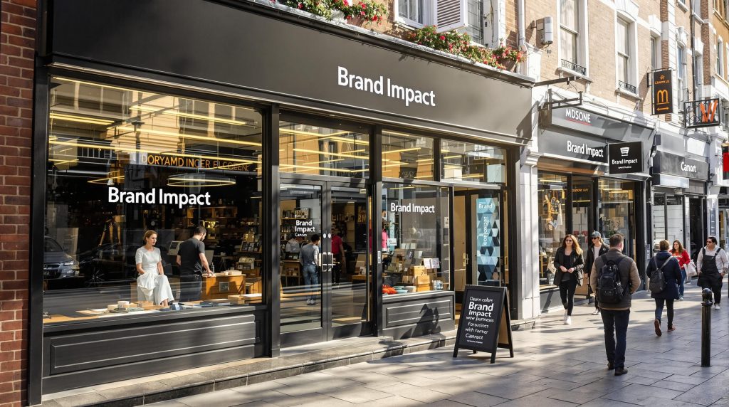 London street with varied shop signage and bustling activity
