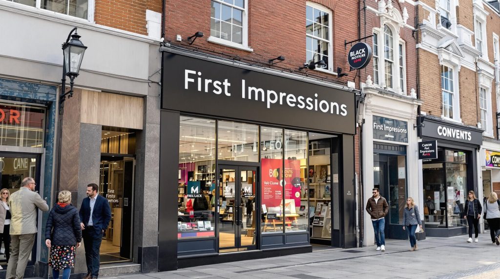 London street with business signs, showing signage impact