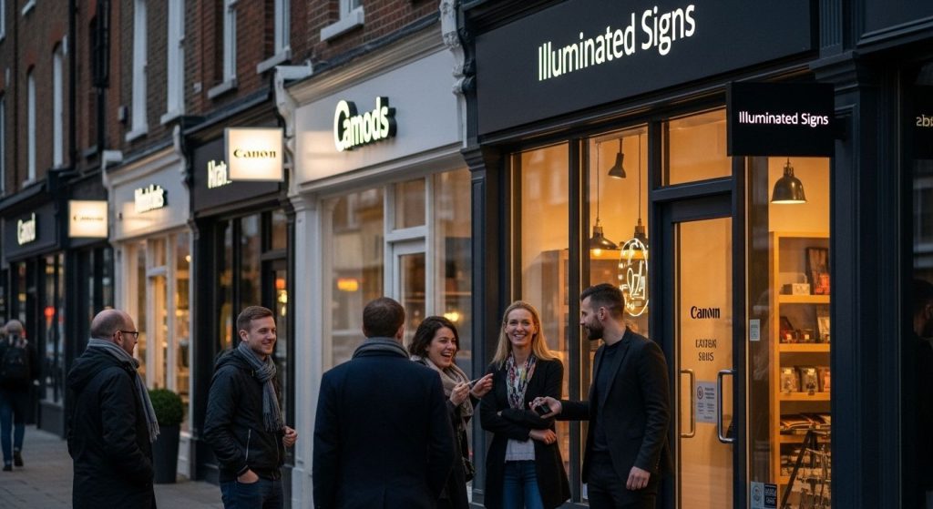 illuminated business sign city