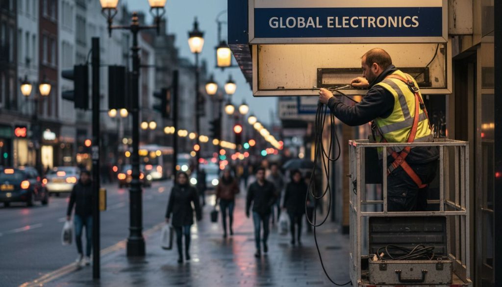 Technician checking illuminated sign at dusk