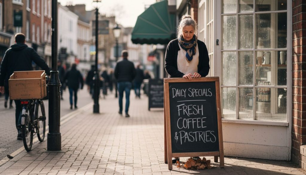 Store manager adjusting sidewalk sign outdoors