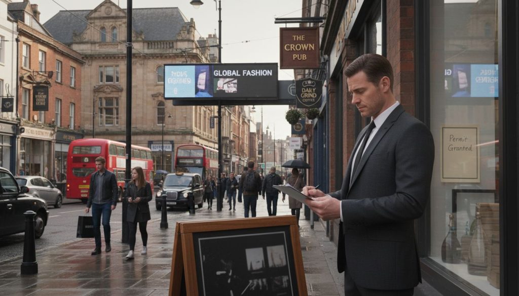 UK high street with regulated business signs