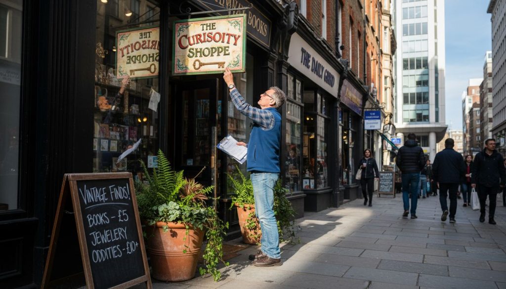Shop owner adjusts signage on busy street