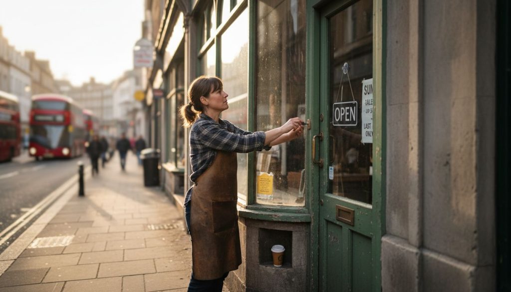 Shop owner adjusting sign outside UK store