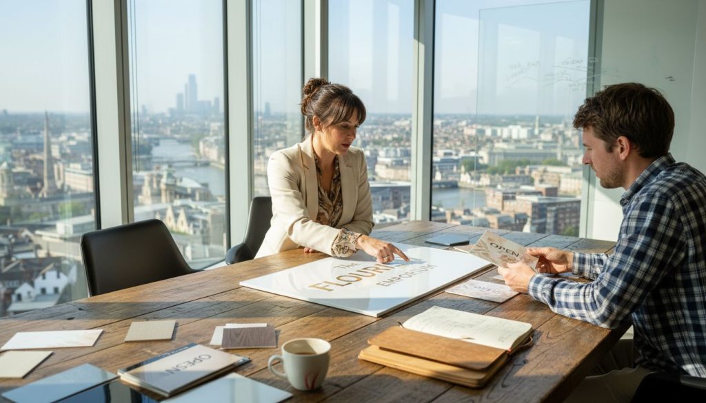 Business owner briefing sign designer with mockups