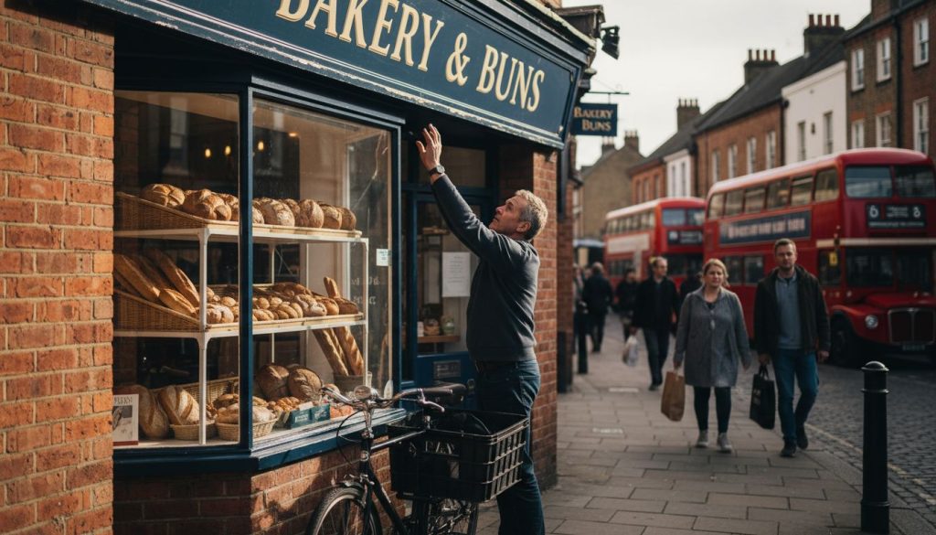 Bakery owner adjusting large high street sign