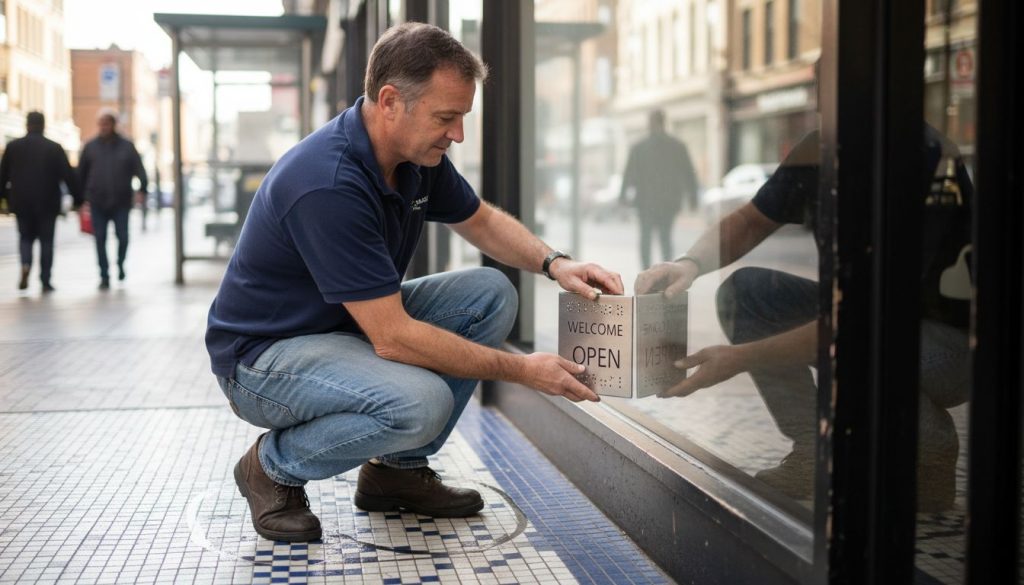 Business owner installing accessible entry sign