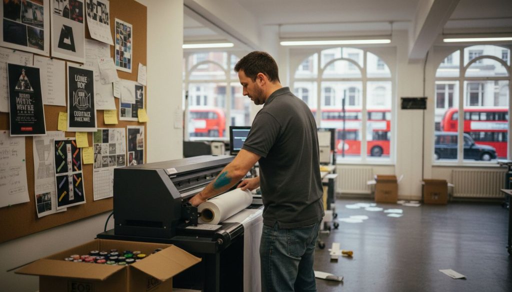 Technician loads large format printer in studio