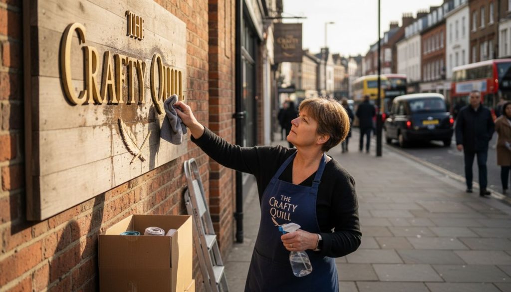 Shop owner inspecting store sign on street