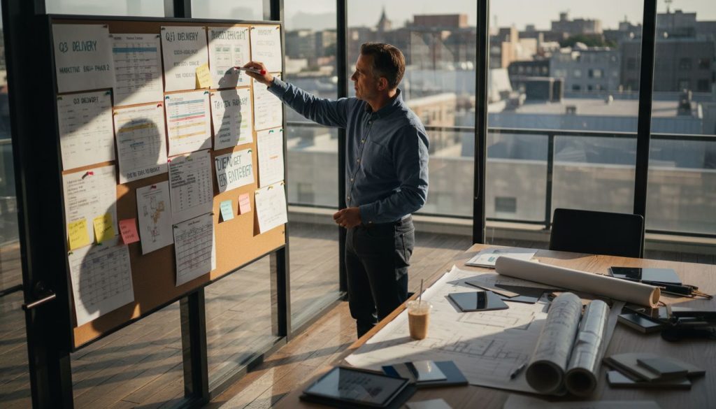 Project manager planning signage timeline