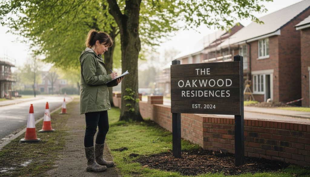 Manager beside new entrance development sign