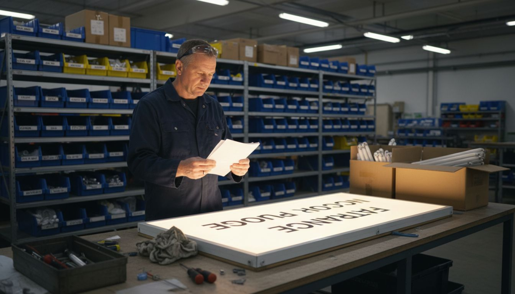 Technician inspects illuminated sign in workshop
