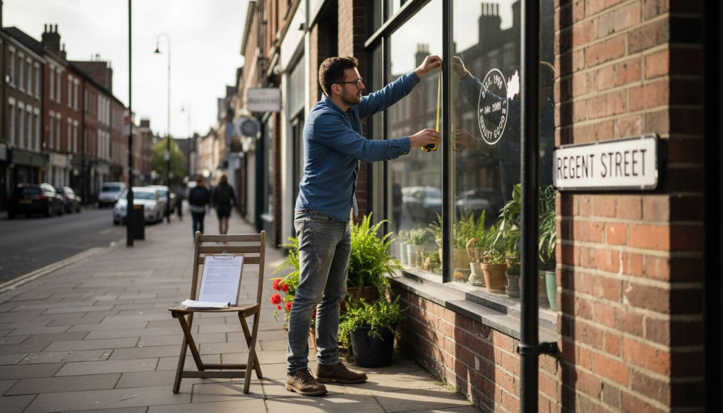 Business owner measuring sign on storefront
