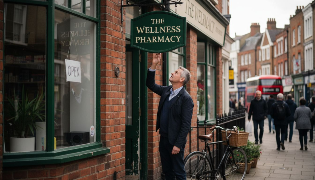 Shop owner inspecting exterior UK signage