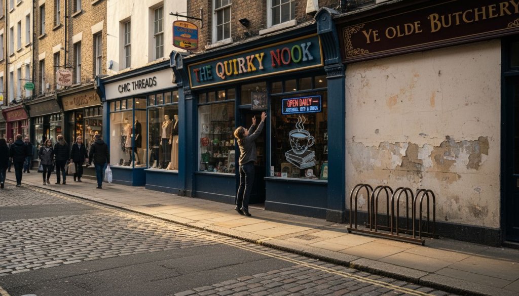 Shopkeeper adjusting creative sign on city street