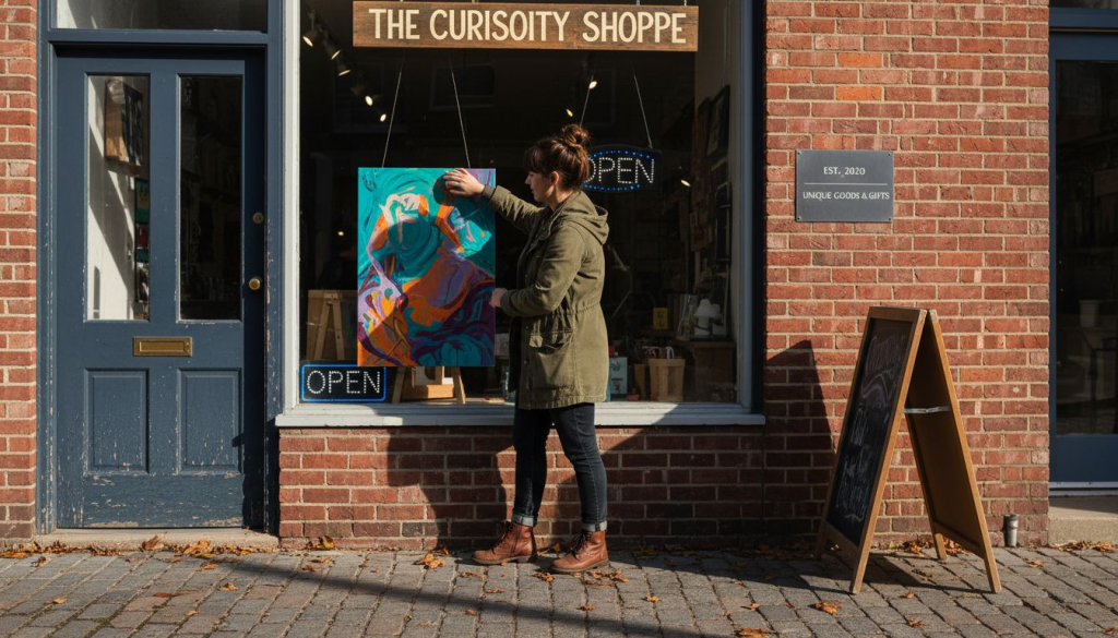 Shop owner adjusting mixed-material storefront signs